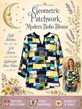 Antilia Femme Geometric Patchwork Blouse Split Neck 3/4 Sleeves XL